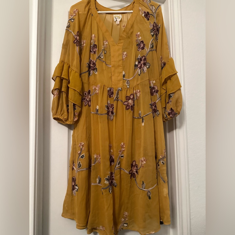 Floral Embroidered Mustard Dress